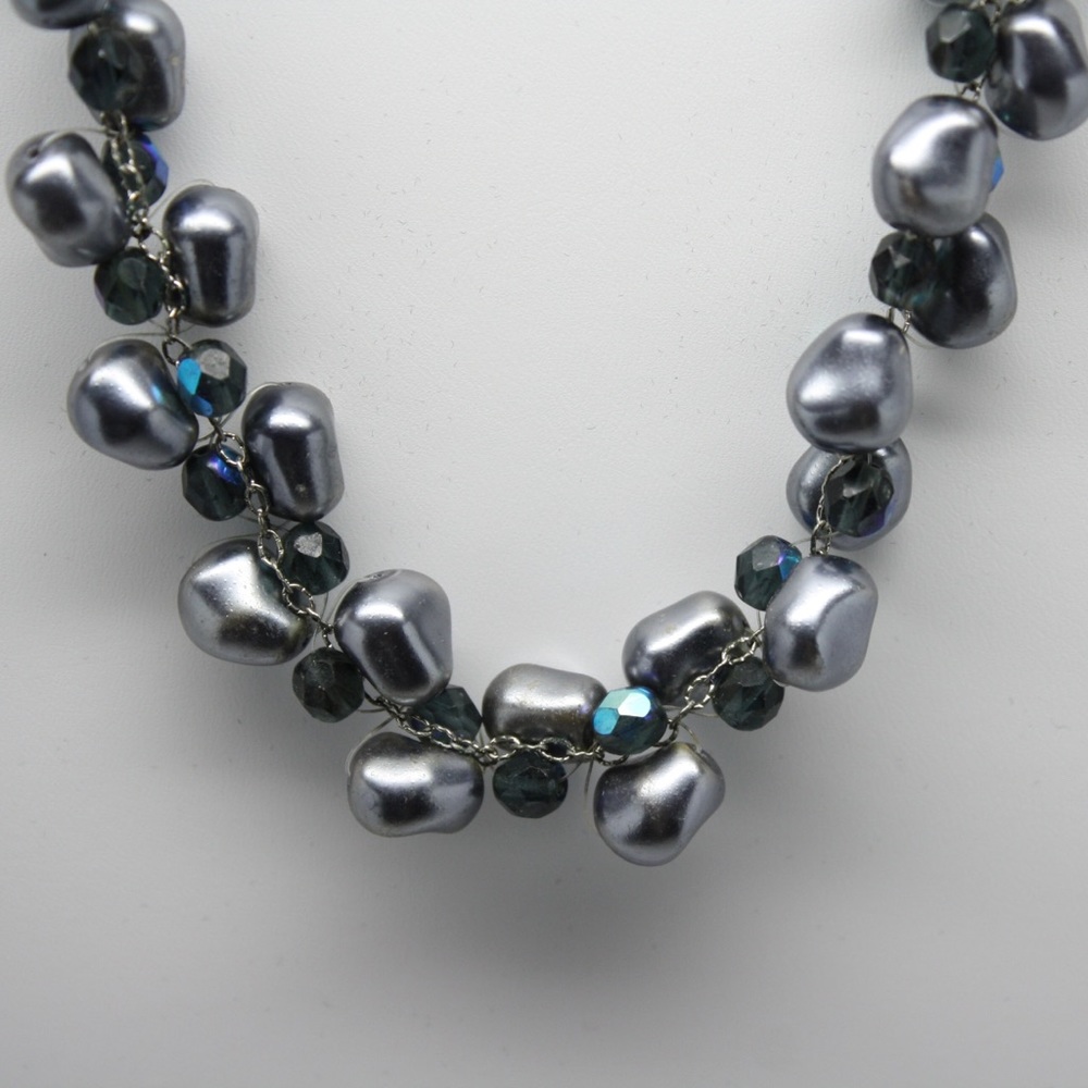 Grey pearl beads with blue beaded accent necklace